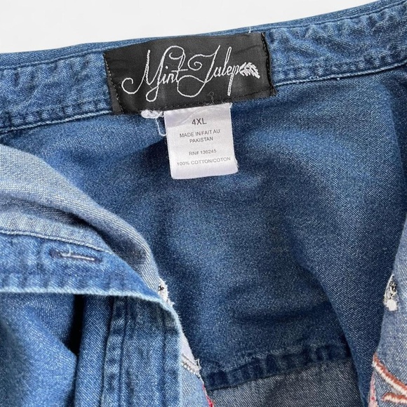 Vintage Mint Julep Denim Embroidered Summer Picnic BBQ Theme Button Down Shirt - Picture 2 of 6